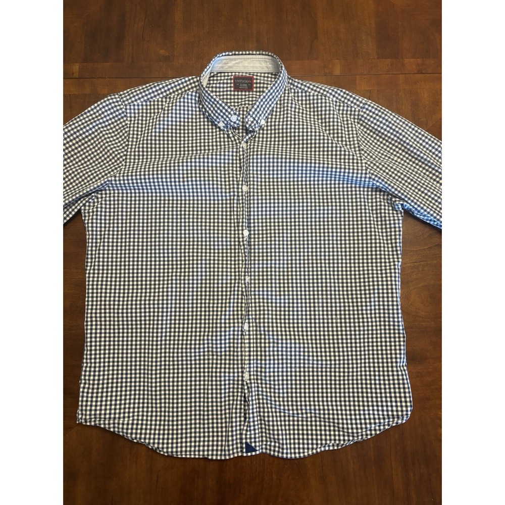 UNTUCKit Mens XL Navy White Gingham Button Down Shirt Untucked Fit 100% Cotton